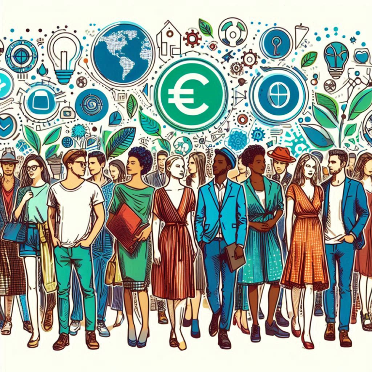 A vibrant, modern illustration of a diverse group of people wearing sustainable fashion, surrounded by symbols of ethical sourcing, technology, and global connections. The image should evoke a sense of innovation, inclusivity, and positive change in the fashion industry.