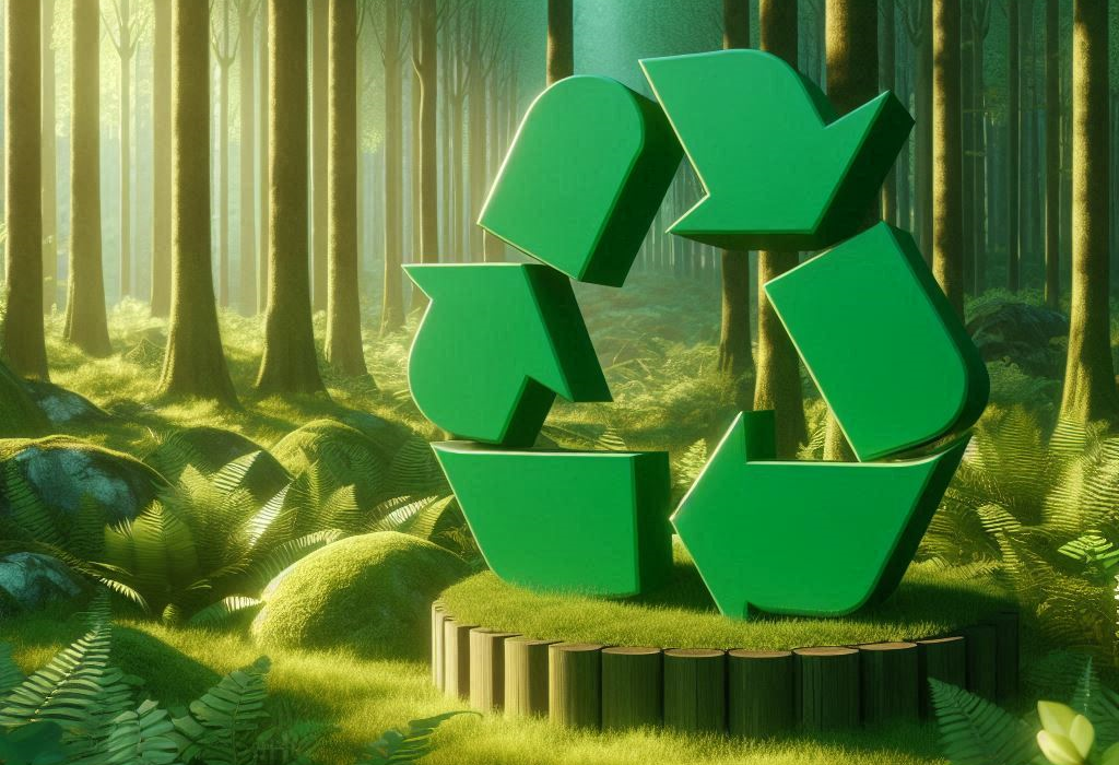 A green, eco-friendly forest scene with a recycling symbol in the foreground