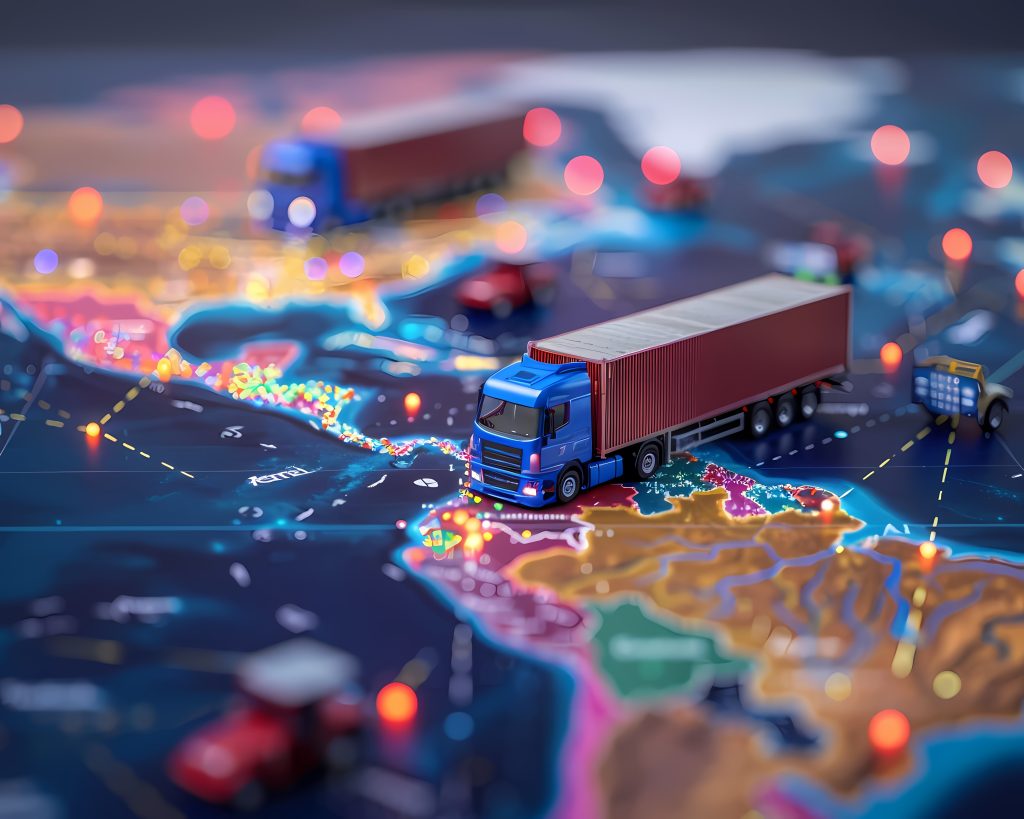 Logistics means of transport together with technological and futuristic holograms